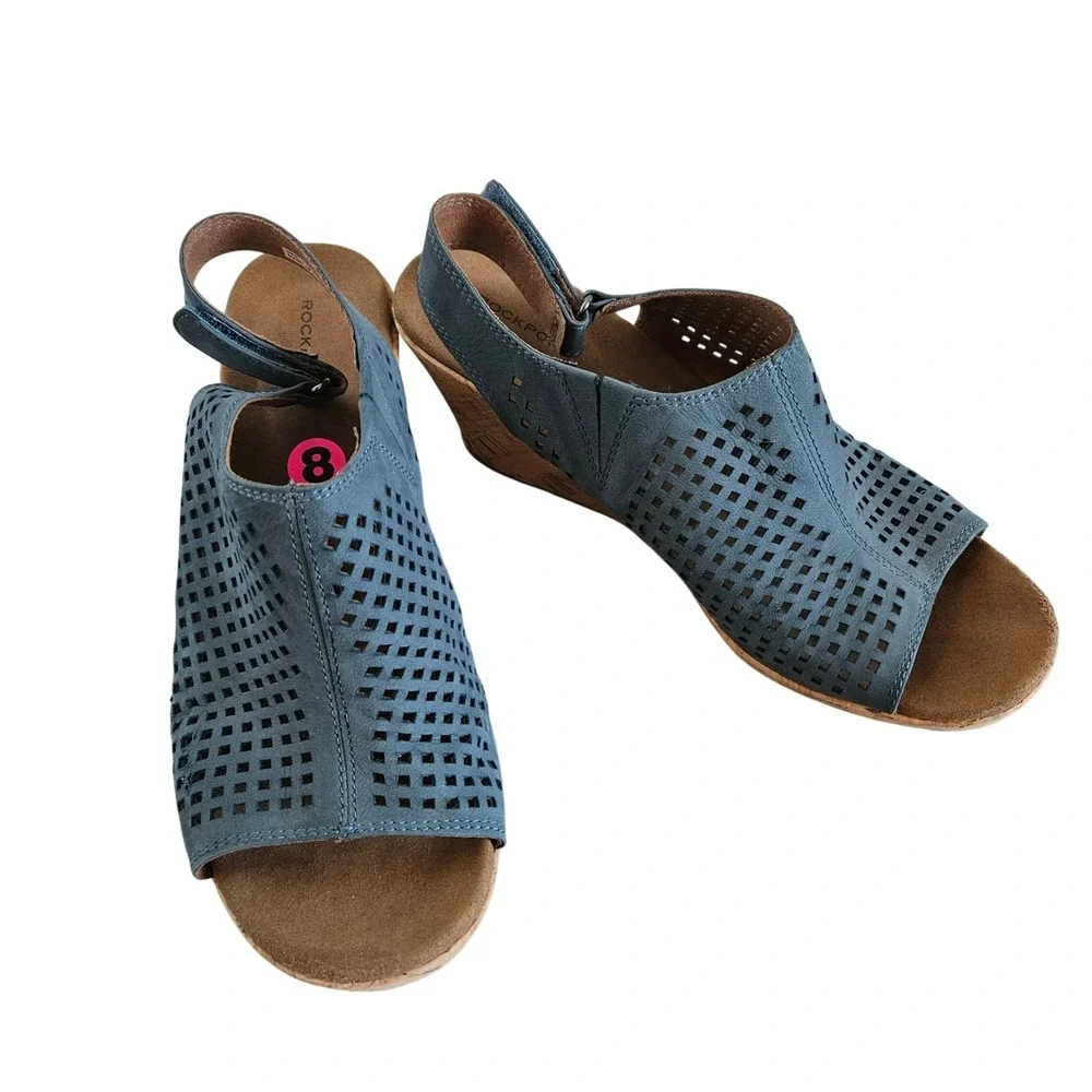 Rockport Briah Perf Sling Wedge Sandals Blue Leather Laser Cut V83016 Womens 8W